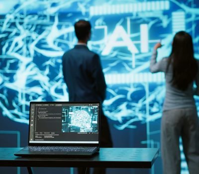 Engineers use AR tech to visualize AI neural networks brain, solving company problems. IT professionals using artificial intelligence augmented reality hologram, camera A